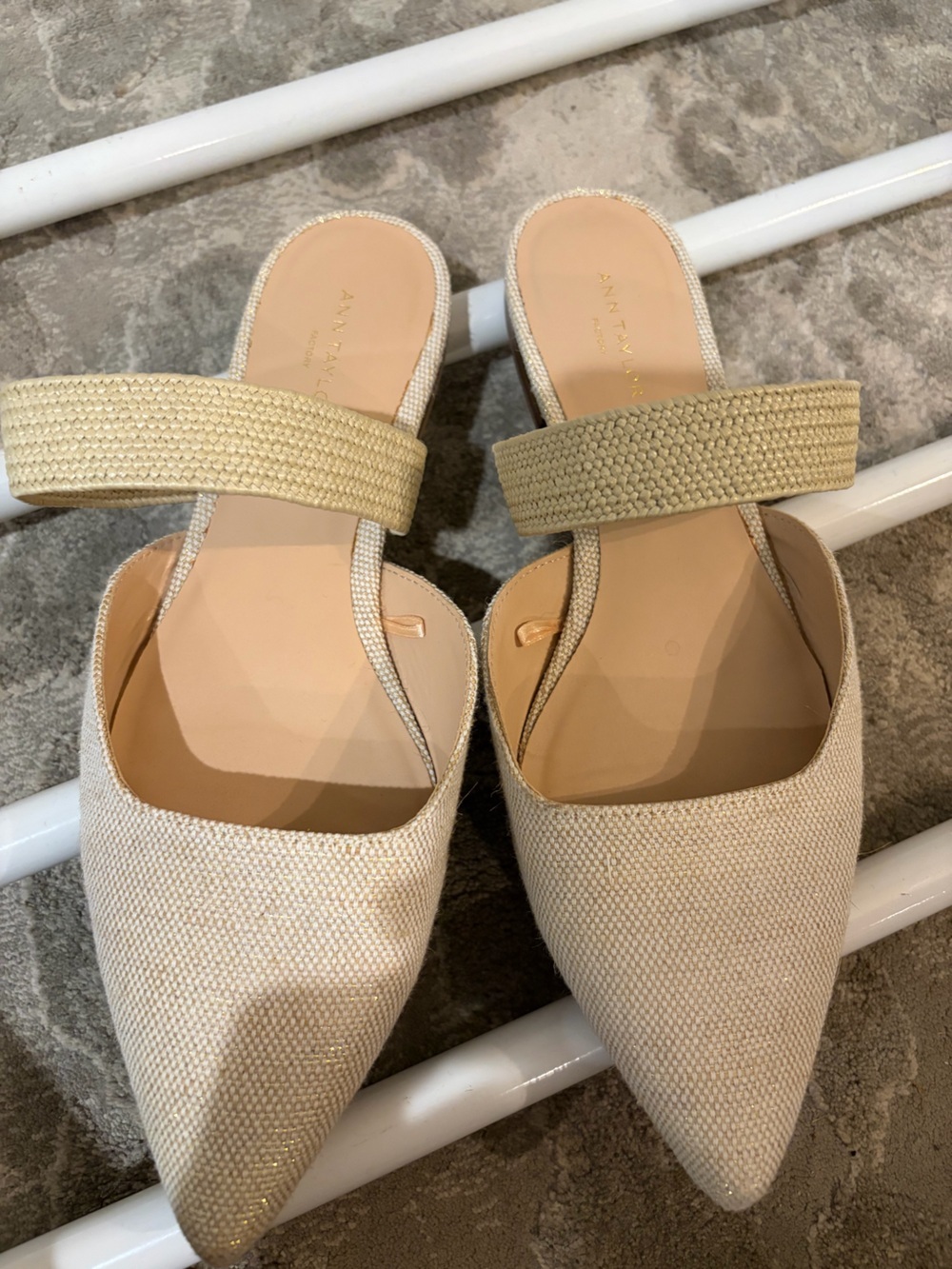Ann Taylor Beige Pointed-Toe Slide Mules with Woven Strap size 7.5